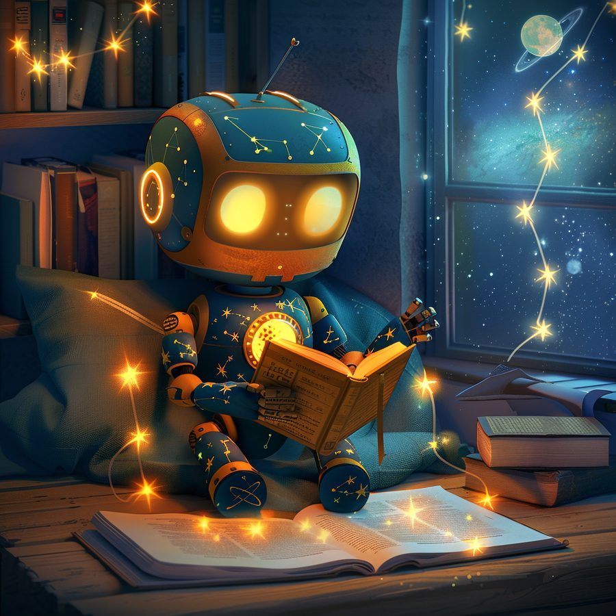 Clyde, a small robot reading a book by a window full of stars