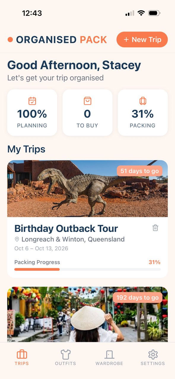 Pack showing a real trip list